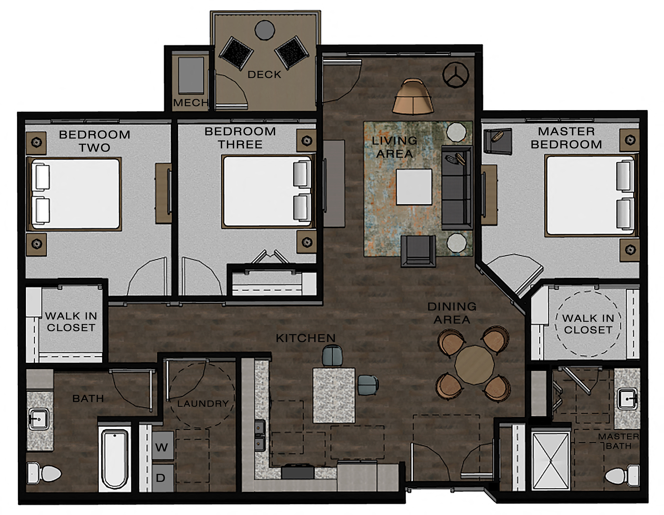 Floor plan for 3 beds, 2 baths, 1444 sqft